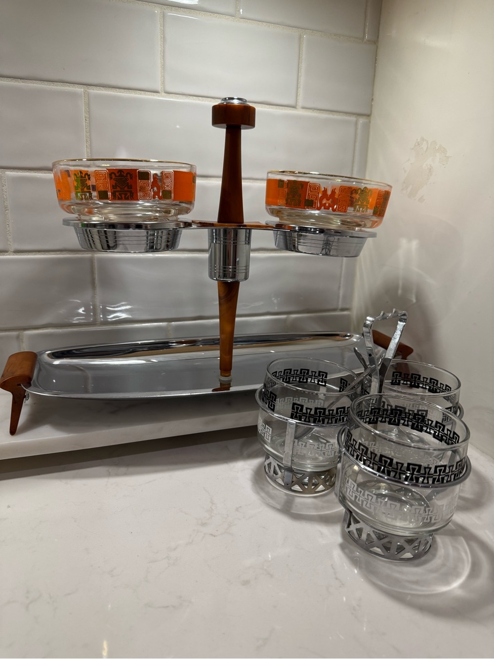 Vintage Glo-Hill Tiki Chrome Serving Set & Retro Condiment Caddy Bundle MCM